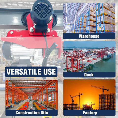 Beefy Electric Trolley For Power Hoist 1 Ton Capacity 2204 Lbs showing versatile use in warehouse, dock, construction site, factory