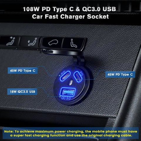 Heavy Duty Road Warrior Plug And Play Car Charger Dual Port Type C USB Socket with fast charging ports on car dashboard.