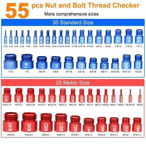 Front view of 55-piece nut and bolt thread checker set; blue standard-size gauges and red metric gauges.
