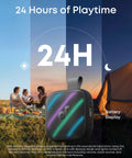 Boom Go 3i Palm Sized Portable Bluetooth Speaker next to camping tent, showing 24-hour playtime feature, ideal for outdoor use