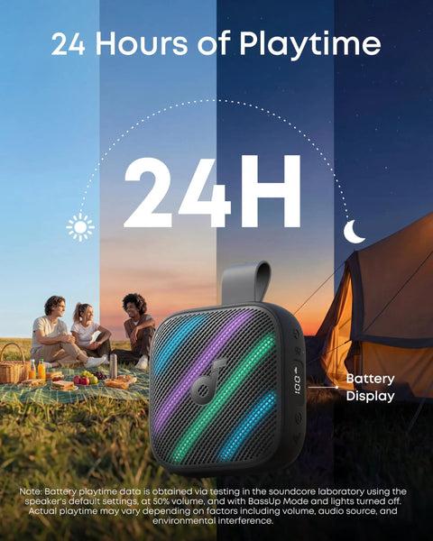 Boom Go 3i Palm Sized Portable Bluetooth Speaker next to camping tent, showing 24-hour playtime feature, ideal for outdoor use