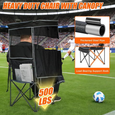 Heavy Duty Camping Chair With Canopy Shade and Umbrella Cup Holder at a sports event with steel frame and 500 lbs support.