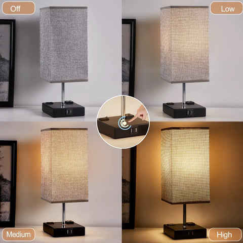 Two Pack Modern Table Lamps With 3 Way Dimmable Touch Control, Dual USB Ports And AC Outlets, Grey Fabric Shade adjustment display