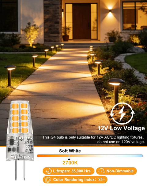 Pathway lit with Budget-Friendly 12V LED Bulbs Pack, 10-Pack, 2700K Warm White, 3.5W Each, 350LM, T3 Soft, Flicker-Free Lighting