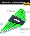 13-piece extra-long tamper-resistant star key set, green handle, drilled tips for security fasteners, S2 steel, non-slip grip