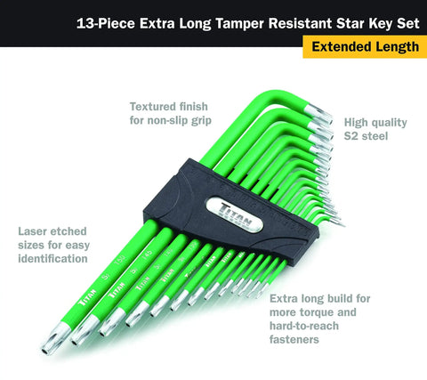 13-piece extra-long tamper-resistant star key set, green handle, drilled tips for security fasteners, S2 steel, non-slip grip