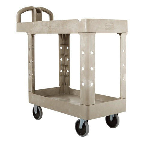 Heavy Duty Two Shelf Utility Cart With Lipped Shelves And Ergonomic Handle, 500 Lb Capacity, Beige, Rugged Workhorse