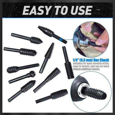 Image of 10 Pack Woodworking Twist Drill Bits Set with 6.3mm Shank, Durable 1045 Steel Black Oxide, 58mm Total Length, shown in various angles and usage.