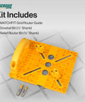 MatchFit Grid Routing Guide Kit For Dovetail Clamping Tracks with router bits and self indexing plate displayed.