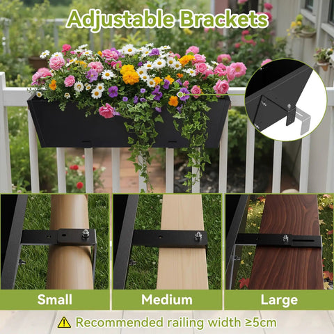 Tough As Nails Two Pack Metal Railing Planter Box 36 Inch, adjustable brackets shown with flowers for outdoor use.