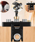 Three In One Dowel Jig Kit with Self Centering Pocket Hole Jig for Perfect Straight Holes, shown in use and close-up details.
