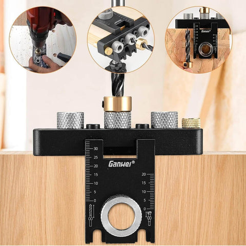 Three In One Dowel Jig Kit with Self Centering Pocket Hole Jig for Perfect Straight Holes, shown in use and close-up details.