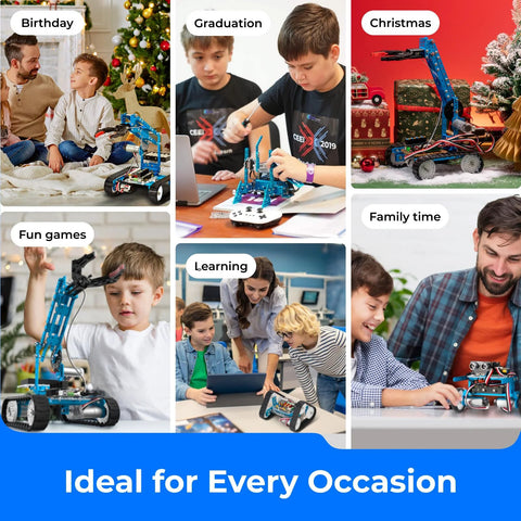 Makeblock mBot Ultimate 10-in-1 robot building kit; blue modular robot with wheels and kids assembling