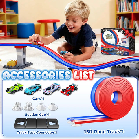 Child playing with Double Sided Flexible Race Track With Strong Suction Cups for 1:64 Diecast Cars, accessories shown.