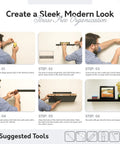 Man installing Sturdy Floating Wall Shelf With Hidden Brackets Deep Espresso MDF Wood For Living Room And Bedroom Easy Install And Remove Heavy Duty Wall Shelf 10.2 Inch Deep By 23.6 Inch Wide By 2 Inch High, step-by-step process with tools.