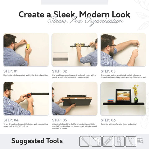 Man installing Sturdy Floating Wall Shelf With Hidden Brackets Deep Espresso MDF Wood For Living Room And Bedroom Easy Install And Remove Heavy Duty Wall Shelf 10.2 Inch Deep By 23.6 Inch Wide By 2 Inch High, step-by-step process with tools.