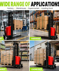 Huge 3500 Lbs Full Electric Pallet Stacker Hits 98 In High Lift For Heavy Warehouse Work, shown in factory and warehouse settings.