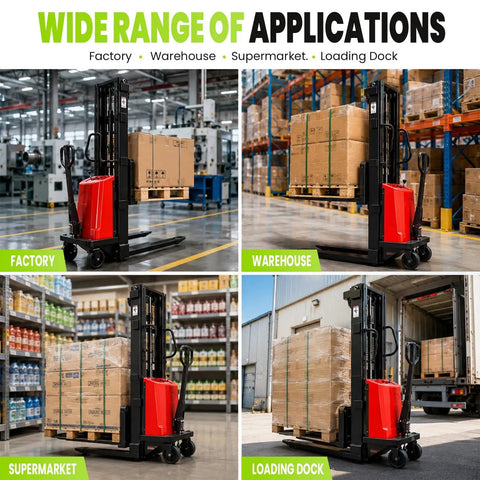 Huge 3500 Lbs Full Electric Pallet Stacker Hits 98 In High Lift For Heavy Warehouse Work, shown in factory and warehouse settings.