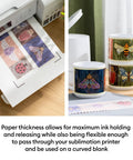 Premium Sublimation Paper Pack 100 Sheets 8.5 By 11 Letter Size showing prints in a printer and on colorful mugs