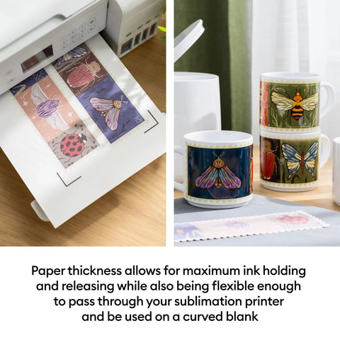 Premium Sublimation Paper Pack 100 Sheets 8.5 By 11 Letter Size showing prints in a printer and on colorful mugs