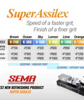 Super Assilex chart with K-number grit and equivalence, branding, and award banner at the SEMA Show for best refinishing product.