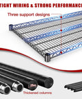 Beefy Rolling Five Tier Wire Shelving Unit With Wheels Adjustable Garage Pantry Kitchen Storage Rack 60 Inch Wide 24 Inch Deep 72 Inch High 3500 Lbs Static Load 700 Lbs Per Shelf Dynamic Load, wire shelf support detail