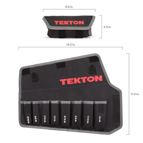 Open Eight Tool Stubby Wrench Roll Organizer for Five Sixteenths to Three Quarters Inch Stubby Wrenches with Tekton branding