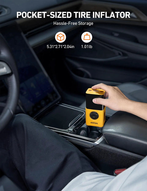 Person using Cordless Tire Inflator With Digital Dual Display 150 PSI Portable Air Pump For Cars Bikes Motorcycles And Balls LED Light Anti Slip Silicone Protection in car