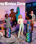 Group of people dancing indoors with Epic 180W Peak Party Bluetooth Speaker with Four Drivers, Dual 4.04 Inch Subwoofers, Deep Bass And 105dB HD Sound, IPX5 Outdoor Portable, USB TF Aux, DSP EQ For Outdoor Raves.