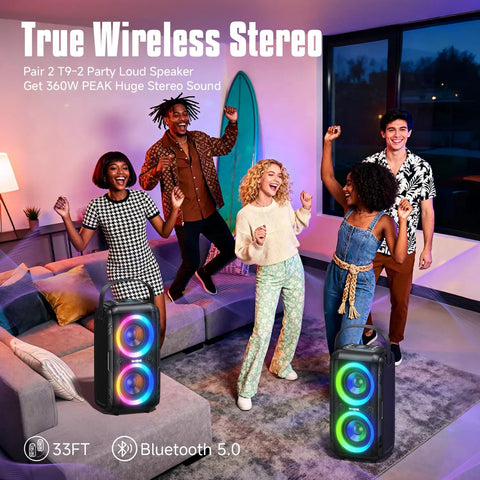 Group of people dancing indoors with Epic 180W Peak Party Bluetooth Speaker with Four Drivers, Dual 4.04 Inch Subwoofers, Deep Bass And 105dB HD Sound, IPX5 Outdoor Portable, USB TF Aux, DSP EQ For Outdoor Raves.