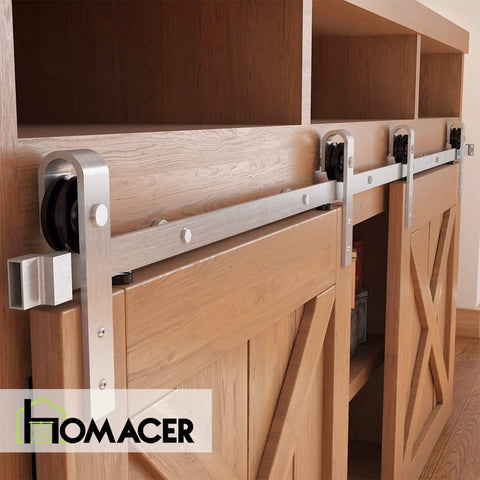 Mini Brushed Nickel Sliding Door Hardware Kit Non Bypass For Two Doors With 60 Inch Flat Track And Classic Roller Design