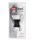 Stainless Steel Two Sided Jigger With Flip Measurements in packaging, soft non slip grip, laser engraved, double jigger design.