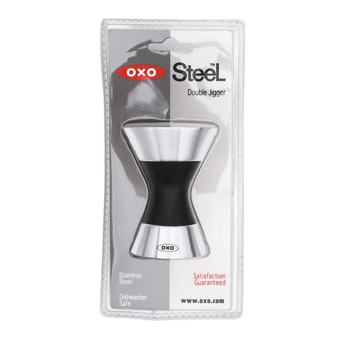 Stainless Steel Two Sided Jigger With Flip Measurements in packaging, soft non slip grip, laser engraved, double jigger design.
