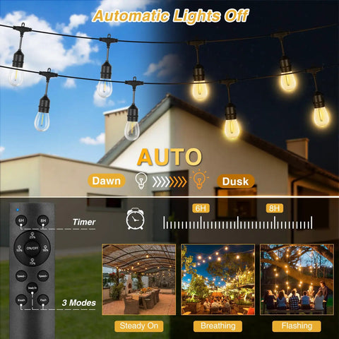 Outdoor Solar String Lights 100 Ft With 30 Plus 2 Shatterproof LED Bulbs IP65 Waterproof USB Port Remote Control 2700K Warm White Cozy Bistro Vibe For Backyard Deck Garden Patio Decor