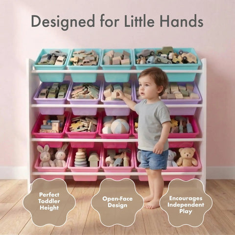 Toddler using 4 Tier Toy Storage Organizer With 16 Removable Bins For Kids Playroom Durable Engineered Wood Frame With Steel Dowels