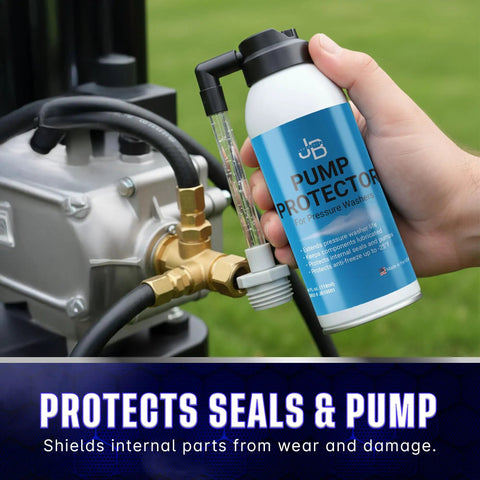 Hand holding Pressure Washer Pump Saver Antifreeze And Lubricant 4 Oz bottle attached to pump, preventing freezing to -25 F.