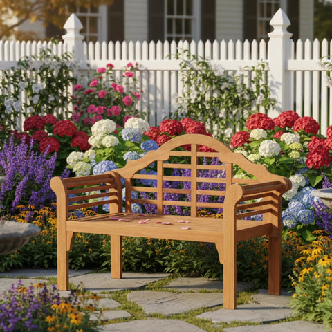 Foldable Outdoor Eucalyptus Wood Bench for Two in garden setting with flowers and white fence
