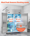 Top Shelf Commercial Refrigerator And Freezer Combo 48 Inch Wide 32 Cubic Feet Stainless Steel Upright Cooler With Dual Zone Temp Settings Auto Defrost Slick Double Doors And Heavy Duty Performance with vegetables and ice inside.