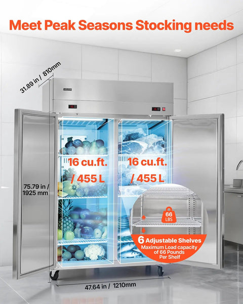 Top Shelf Commercial Refrigerator And Freezer Combo 48 Inch Wide 32 Cubic Feet Stainless Steel Upright Cooler With Dual Zone Temp Settings Auto Defrost Slick Double Doors And Heavy Duty Performance with vegetables and ice inside.