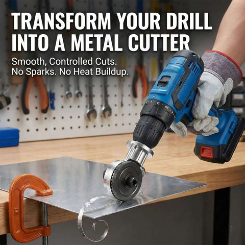 Turn Your Drill Into A Metal Cutting Beast With This Drill Nibbler Attachment cutting sheet metal on workbench