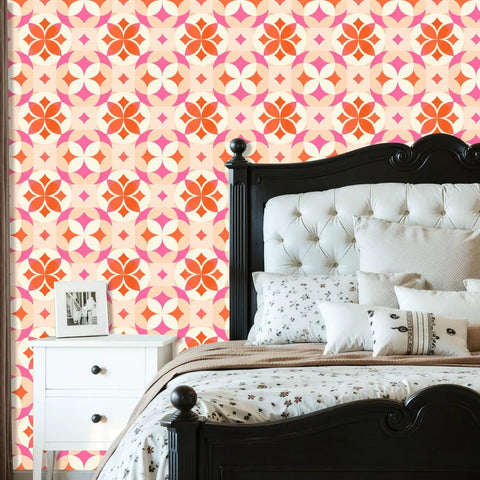 Badass Geometric Retro Floral Peel And Stick Wallpaper Roll Residue Free Self Adhesive Wall Covering For Smooth Diy Makeover featured in a bedroom.