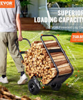 Man using Heavy Duty Log Cart Built Tough For Firewood Up To 250 Lbs With Pneumatic Wheels And Elevated Guardrails