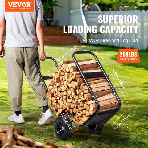 Man using Heavy Duty Log Cart Built Tough For Firewood Up To 250 Lbs With Pneumatic Wheels And Elevated Guardrails