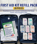 MFASCO Medication Pack refill for travel first aid kit; blue case opened with 28 OTC packets.