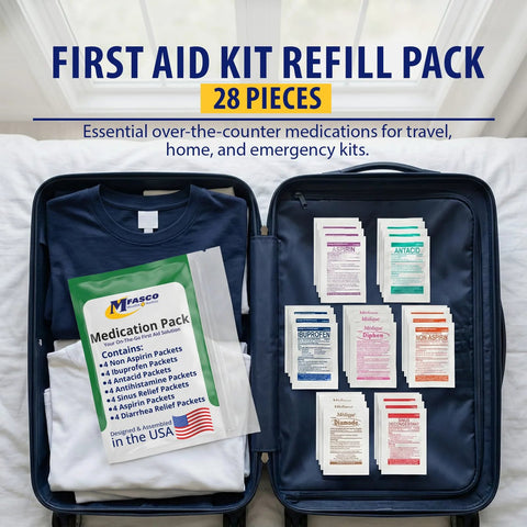 MFASCO Medication Pack refill for travel first aid kit; blue case opened with 28 OTC packets.