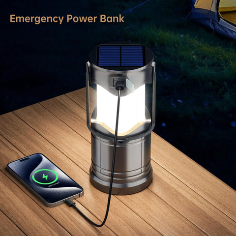 Must Have 2 Pack Solar Camping Lanterns USB Rechargeable LED Lanterns Battery Powered Pop Up Flashlights on wooden table