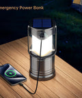 Four Pack Solar Camping Lanterns USB Rechargeable LED Lanterns Portable Battery Powered Lights With Three Modes For Power Outages Emergency Prep Indoor And Outdoor Use on wooden table with phone charging via USB cable