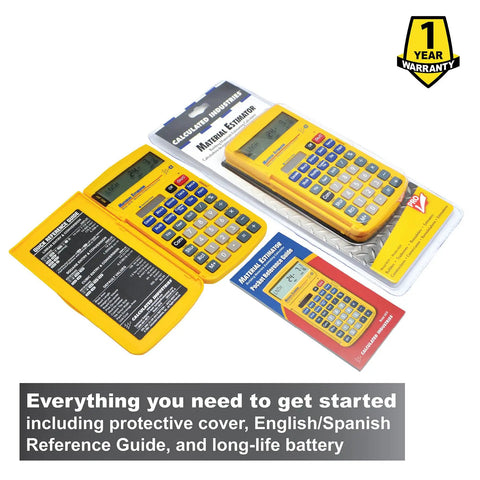 Material Estimator Calculator For DIYers And Pros That Converts Feet Inches Fractions Yards And Meters And Delivers Instant Building Material Cost Estimates For Contractors Tradesmen Handymen And Construction Professionals with protective cover and guide