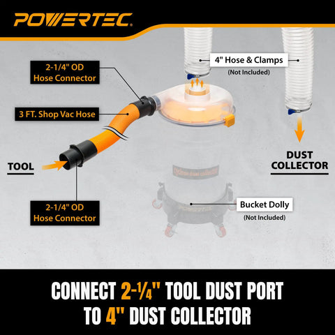 Low Profile Cyclone Dust Separator Kit for Shop Vac and Dust Collectors setup showing hose connections and fittings