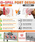 Comparison of Built Tough 10 Gallon Metal Automatic Chicken Feeder With Eight Wide Ports showing no-spill port design vs. shallow feeding port.